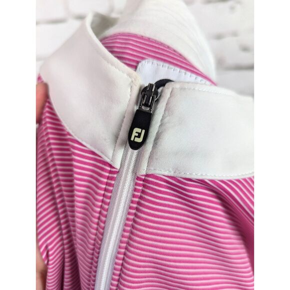 FJ FOOTJOY Women's 1/4 Zip Pullover Golf Shirt Pink White Striped UV Medium - Picture 9 of 9